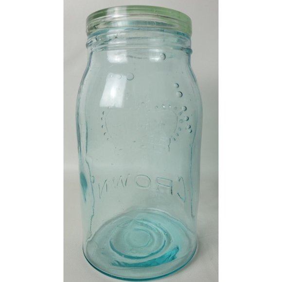 Vintage Crown Blue Glass Quart Canning Jar w. Glass Lid Bubbles D3 - Picture 5 of 11